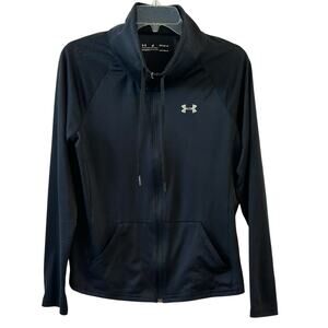 Women's Under Armour Loose Fit Cropped Zip Up Black Hooded Running Jacket Medium